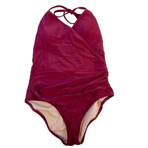 J.Crew Womens Size S Open Back Halter One Piece Swimsuit Maroon Red Ruched